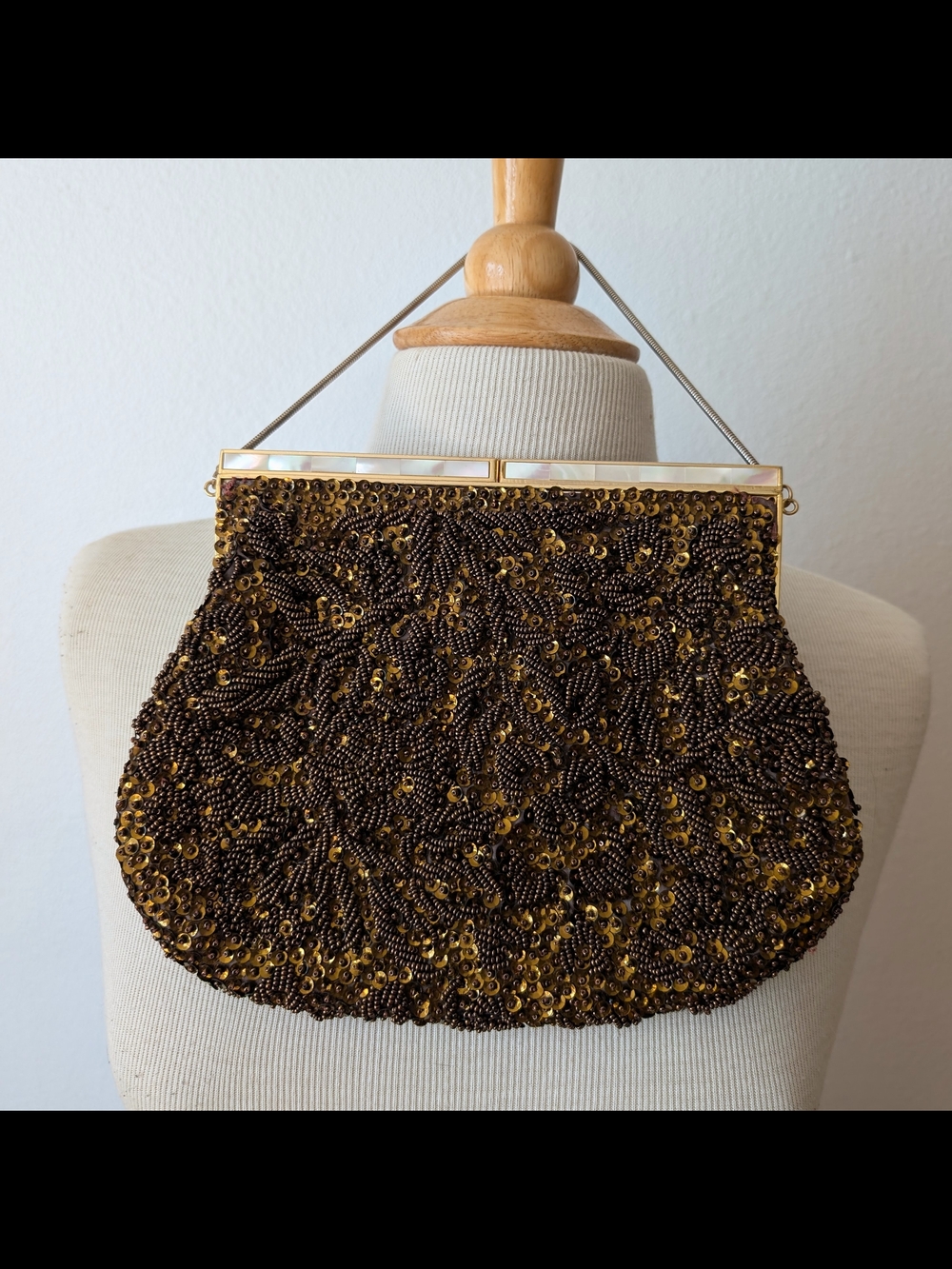 Beaded Evening Clutch Handbag in Brown and Gold